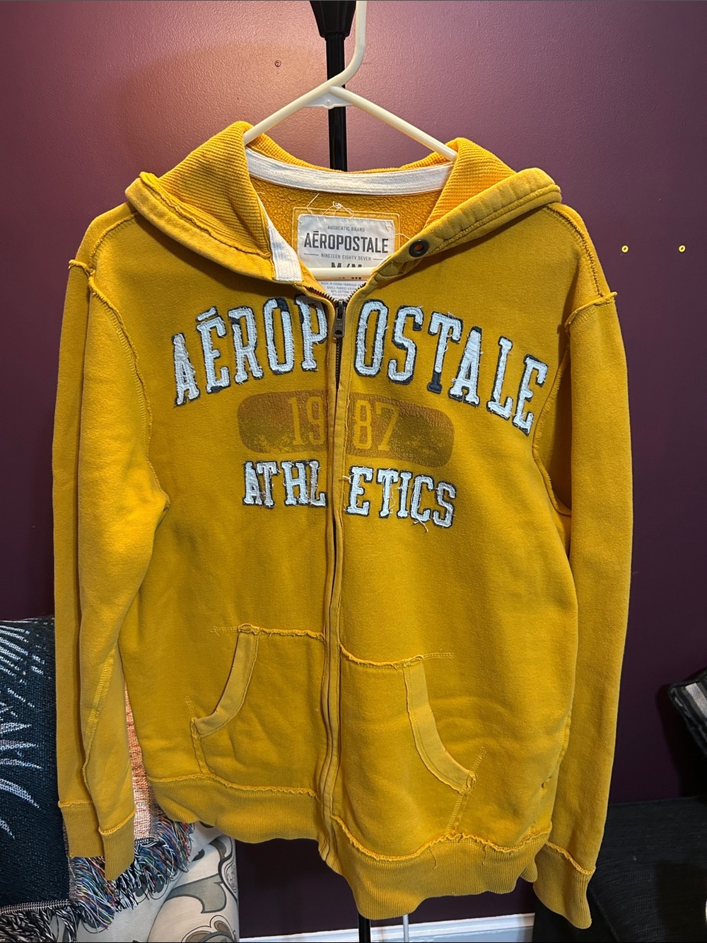 Aeropostale Mens Yellow Hooded Zip Jacket with 'Athletics' Logo